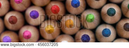 Close-up Of Big Assortment Of Colourful Pencils Tips Placed Tailgating. Sharp Tips Of Crayons, Ready