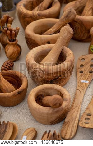 Craft Works, Olive Tree Wooden Kitchen Utensils On Farmers Market In Provence, France