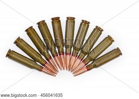Service Cartridges For Assault Rifles, Top View On A White Background