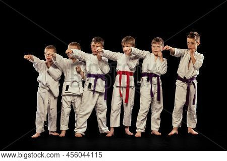 Group Portrait Of Preschool Age Boys, Beginner Karate Fighters In White Doboks Posing Like Team Isol