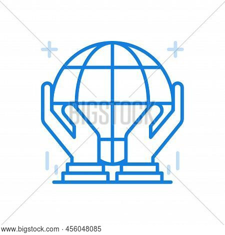 Global Care For Ecology Vector Line Icon. Hands Raise The Planet With Meredians.