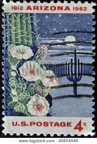 stamp printed in USA shows Giant Saguaro Cactus Arizona Statehood