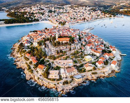 Beautiful Primosten City In Sunset. Croatia. Drone Shot. High Quality Photo