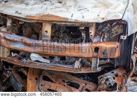 Russian Invasion Of Ukraine In 2022, Destroyed And Burned Cars. Cars Were Beaten With Shrapnel And B