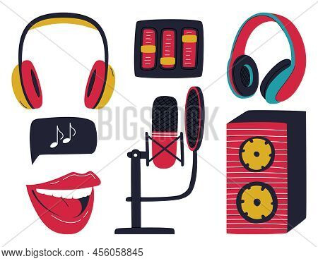 A Set Of Design Elements Of A Podcasting, Musical, Recording Equipment. Over-ear Headphones, A Louds
