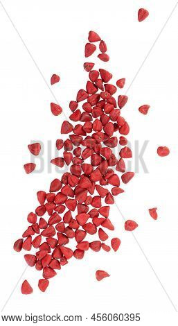 Annatto Seeds, Isolated On A White Background. Achiote Seeds, Bixa Orellana. Natural Dye For Cooking