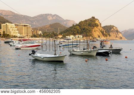 Petrovac ,montenegro - August 23, 2021: Boats At Harbour In Small Tourist Town Of Petrovac At Sunset