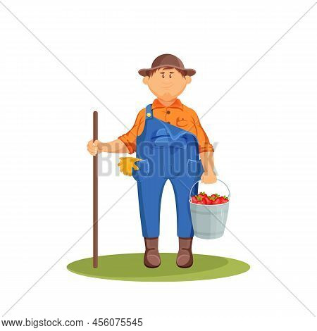 Gardener Holds Bucket Of Apples, Vector Icon Or Clipart. Farmer Man Gathers Apple Crop. Agricultural