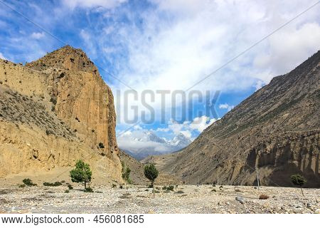 Two Mountains And Two Trees On A Background Of Blue Sky With Clouds