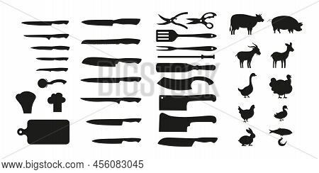 Meat Symbols And Chef Knifes Outline Set. Vector Stock Illustration Isolated On White Background For