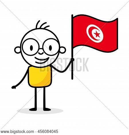 Man Holding Flag Of Tunisia Isolated On White Background. Hand Drawn Doodle Line Art Man. Concept Of