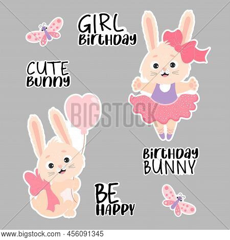 Digital Stickers For Girl Birthday. Cute Bunny Ballerina, With Balloon, Butterfly And Congratulation