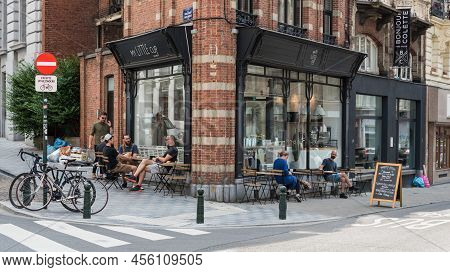 Brussels City Center, Brussels Capital Region - Belgium - 06 20 2020 People Sitting On A Terrace At 