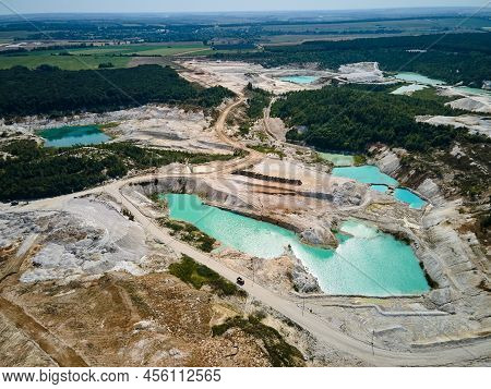 Aerial View Quarry Extraction Porcelain Clay, Kaolin, With Turquoise Water