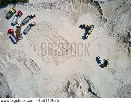 Aerial View Trucks Near Quarry Extraction Porcelain Clay, Kaolin