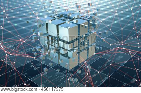 Hi-tech Square Blocks Are Collected In A Cubic Array Against The Background Of Information Fields. 3