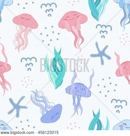 Seamless Pattern With Jellyfish. Vector Illustration For Design, Fabric Or Wrapping Paper