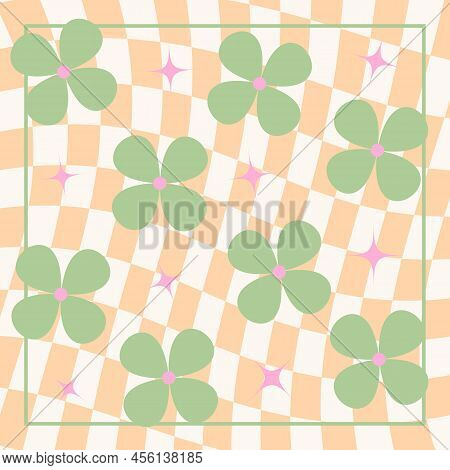 1970s Retro Pattern Groovy Trippy With Clover Flowers. Trippy Grid, Wavy Swirl Pattern. Seventies St