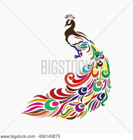 Peacock Bird Silhouette. Colorful Vector Illustration Of Exotic Flying Hummingbird Isolated On White