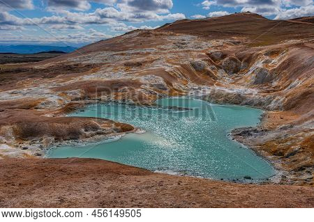 Beautiful Colourful Icelandic Landscape Lava Fields Mountain Geysers Zigzag Road And Moss-covered St