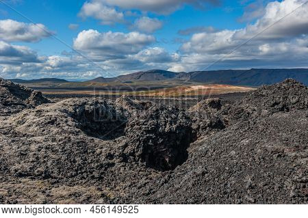 Beautiful Colourful Icelandic Landscape Lava Fields Mountain Geysers Zigzag Road And Moss-covered St