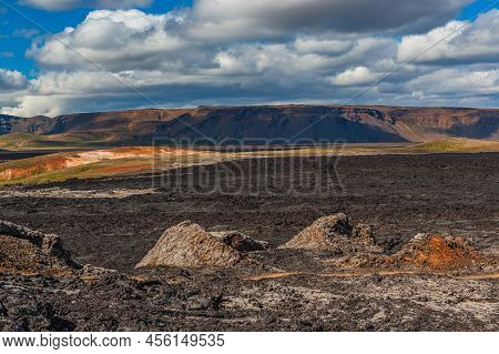 Beautiful Colourful Icelandic Landscape Lava Fields Mountain Geysers Zigzag Road And Moss-covered St