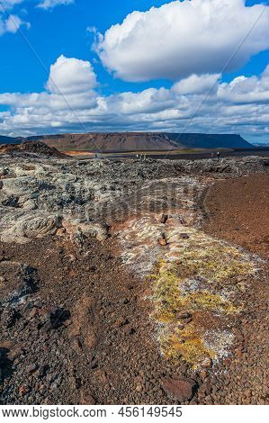 Beautiful Colourful Icelandic Landscape Lava Fields Mountain Geysers Zigzag Road And Moss-covered St
