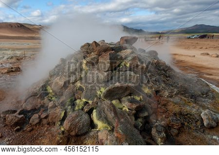 Beautiful Colourful Icelandic Landscape Lava Fields Mountain Geysers Zigzag Road And Moss-covered St