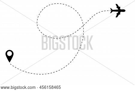 Airplane Silhouette Flight, Travel Line And Trail In The Air. Jet Line In The Air. Point And Line Of