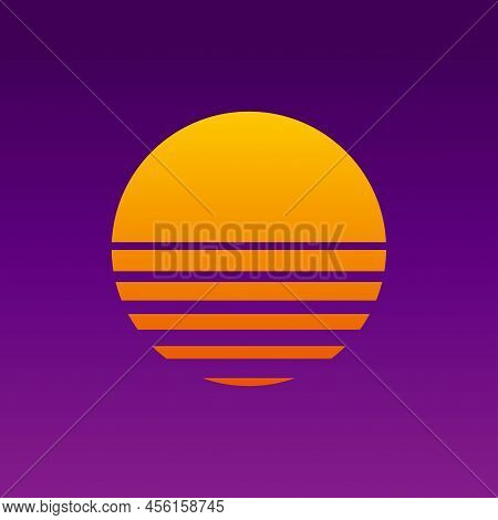 Sunset Icon, 80s And 90s Background, Retro Neon Abstraction Poster. Vintage Sun And Space, Purple Ba
