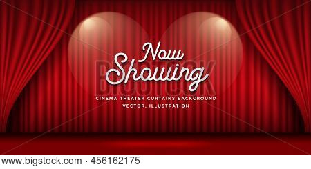 Cinema Theater Curtains Red Banner Background, Vector Illustration