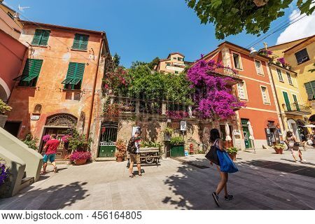 Monterosso Al Mare, Italy - July 8, 2021: Main Street Of Monterosso Al Mare Village And Tourists, Ci