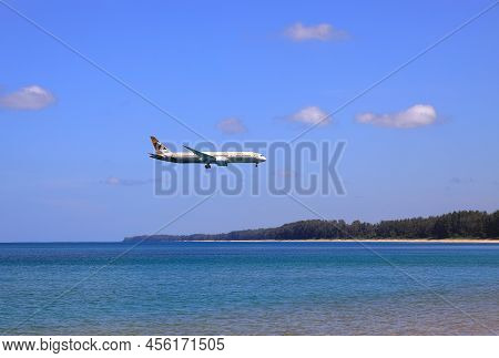 Puket Thailand - May 2022: Airliner Or Passenger Plane Etihad Boeing 787-8 Landing To Airport Next T