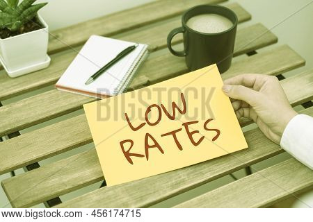 Inspiration Showing Sign Low Rates. Internet Concept A Cost Of An Item Or Service Which Is Usualy At