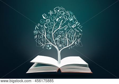 Education Concept. Open Books And Knowladge Tree With Hand Drawn School Doodle Icons. Studying, Know