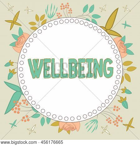 Hand Writing Sign Wellbeing. Word For A Good Or Satisfactory Condition Of Existence Including Health