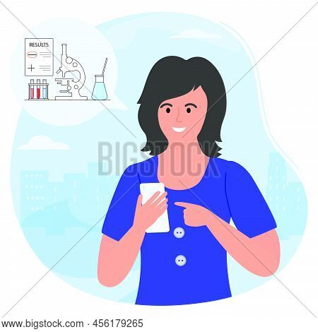 Vector Illustration Woman Receives The Results Of Medical Tests On Cell Phone. Test Tubes, Microscop