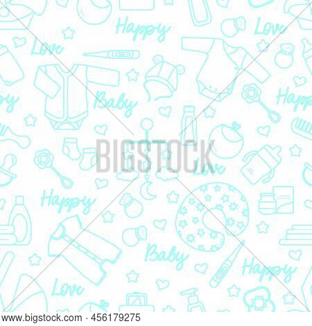 Vector Seamless Pattern. Illustration Baby Care Items. Motherhood. Feeding, Clothing, Toys, Health C