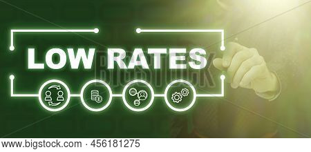 Inspiration Showing Sign Low Rates. Concept Meaning A Cost Of An Item Or Service Which Is Usualy At 