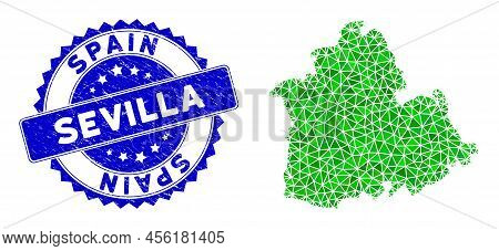 Blue Rosette Scratched Stamp Seal And Low-poly Sevilla Province Map Mosaic In Green Colors. Triangul