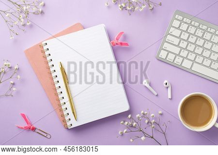 Business Concept. Top View Photo Of Keyboard Cup Of Coffee Open Notebook Gold Pen Clips Earbuds And 
