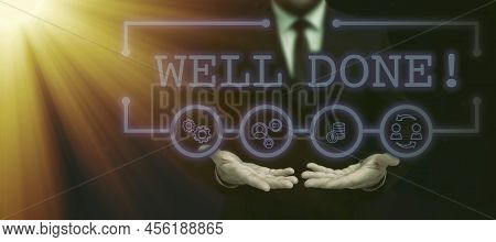 Sign Displaying Well Done. Business Overview Telling Person That He Made His Task Or Job In Perfect 