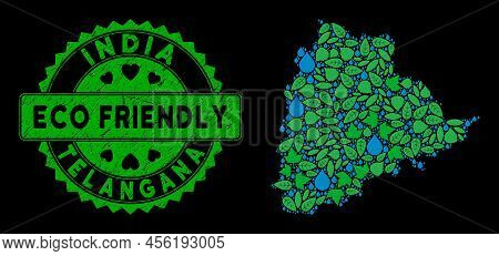Eco Telangana State Map Mosaic Of Floral Leaves And Water Drops, And Eco Friendly Reward Seal. Telan