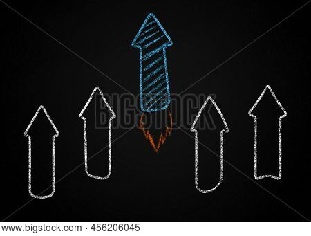 Competition Concept. Arrow Rocket With Flaming Outpacing Others On Black Background. Illustration