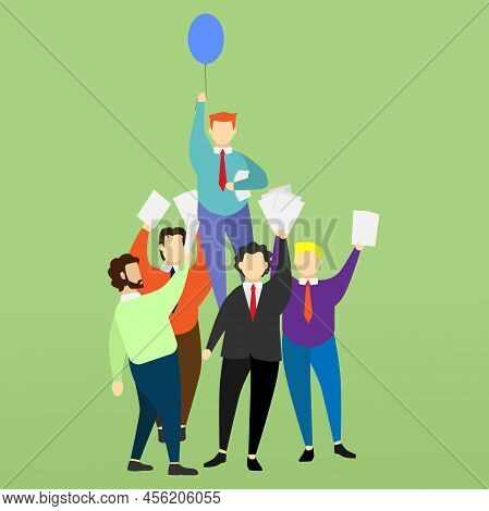 Competition Concept. Office Worker And One With Balloon Rising On Light Green Background. Illustrati