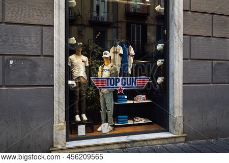 Naples, Italy - June 03 2022: Top Gun Maverick Movie T-shirt Clothing With Logo At Exterior Window S