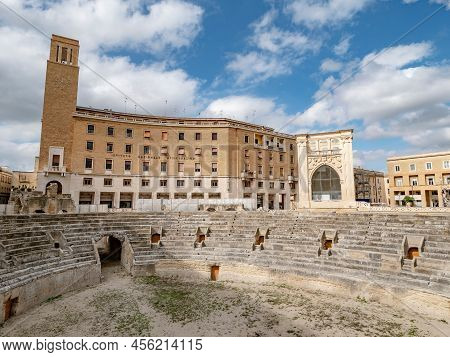 Lecce, Italy - October 27, 2021: Wide Angle Panorama Of Amphitheatre In Lecce, Italy And Instituto N