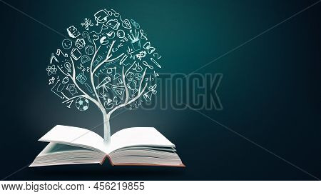 Education Concept. Open Books And Knowladge Tree With Hand Drawn School Doodle Icons. Studying, Know