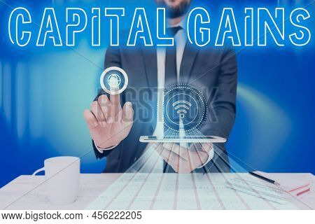Inspiration Showing Sign Capital Gains. Word For Bonds Shares Stocks Profit Income Tax Investment Fu