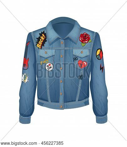 Rock Music Patches On Denim Jacket. Jeans Shirt With Roses In Bloom And Gestures Of Rockers. Horned 